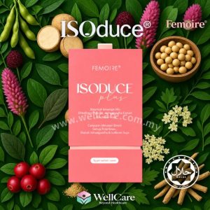 ISOduce Plus supplement box by Femoire, surrounded by natural botanical ingredients including soybeans, berries, and herbs.