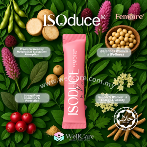 Kotak suplemen ISOduce Plus oleh Femoire, dikelilingi oleh bahan botanik semula jadi termasuk kacang soya, beri, dan herba.